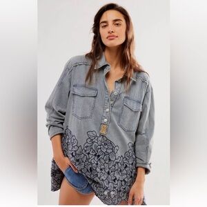 Free People Super Bloom Shirt We The Free Railroad Stripe Floral Embroidery